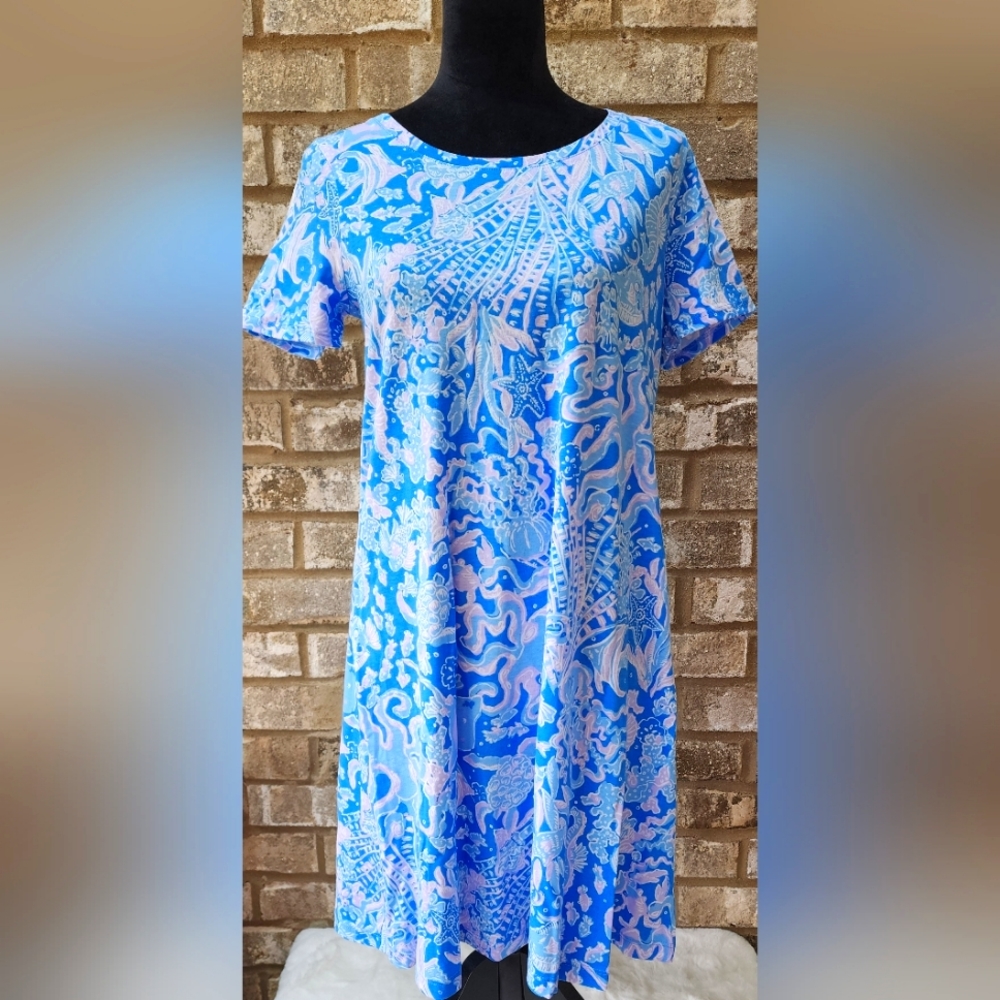 LILLY Pulitzer CODY Short Sleeve T-Shirt Style Dress in Boca Blue Sea Wh…